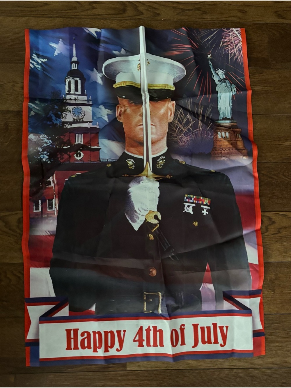 Happy 4th of July Marine Soldier Flag - Red, Blue, White 28x39”